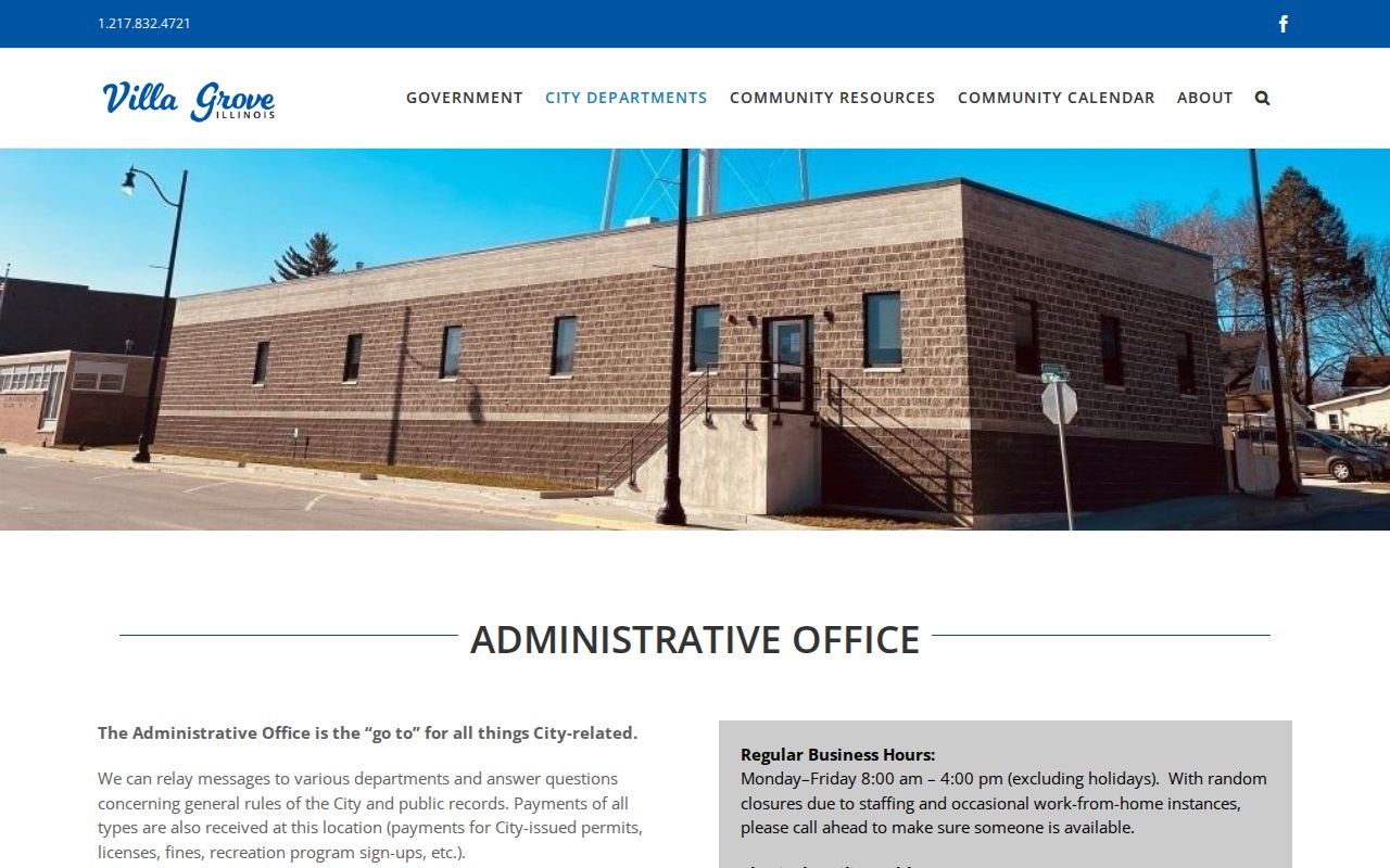 Villa Grove city departments page with police department contact information